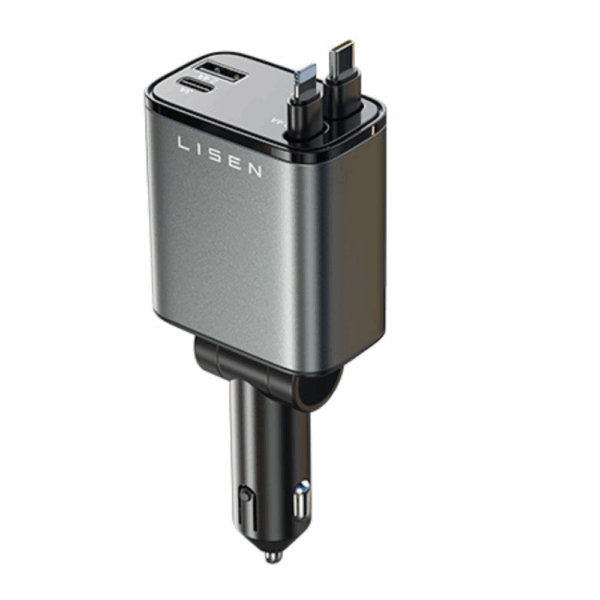 LISEN Retractable Car Charger Adapter 69W USB/USB C 4 in 1